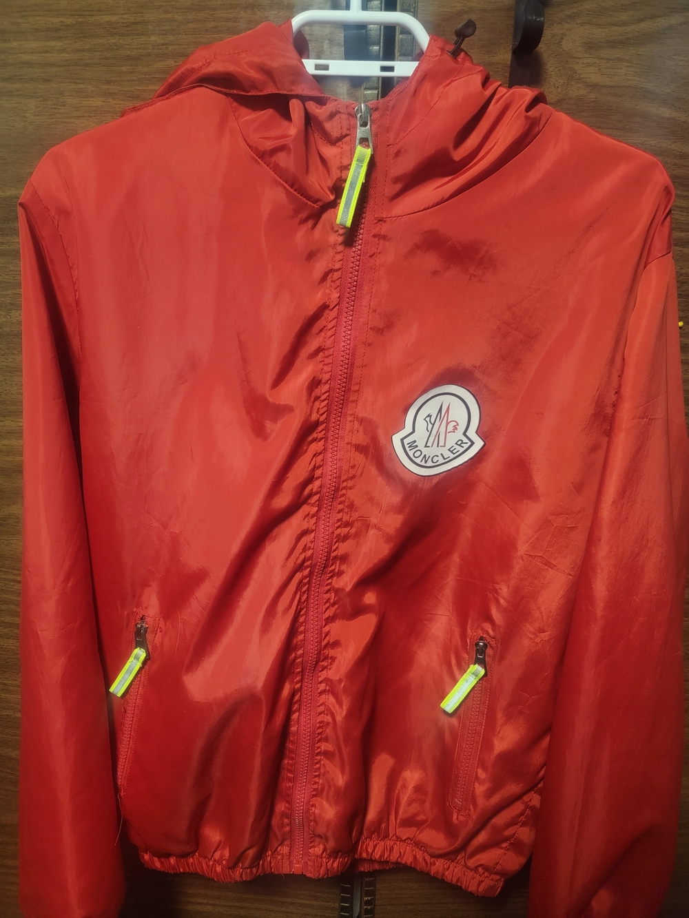 Moncler Red Hooded Windbreaker with Neon Zip Pulls - Men